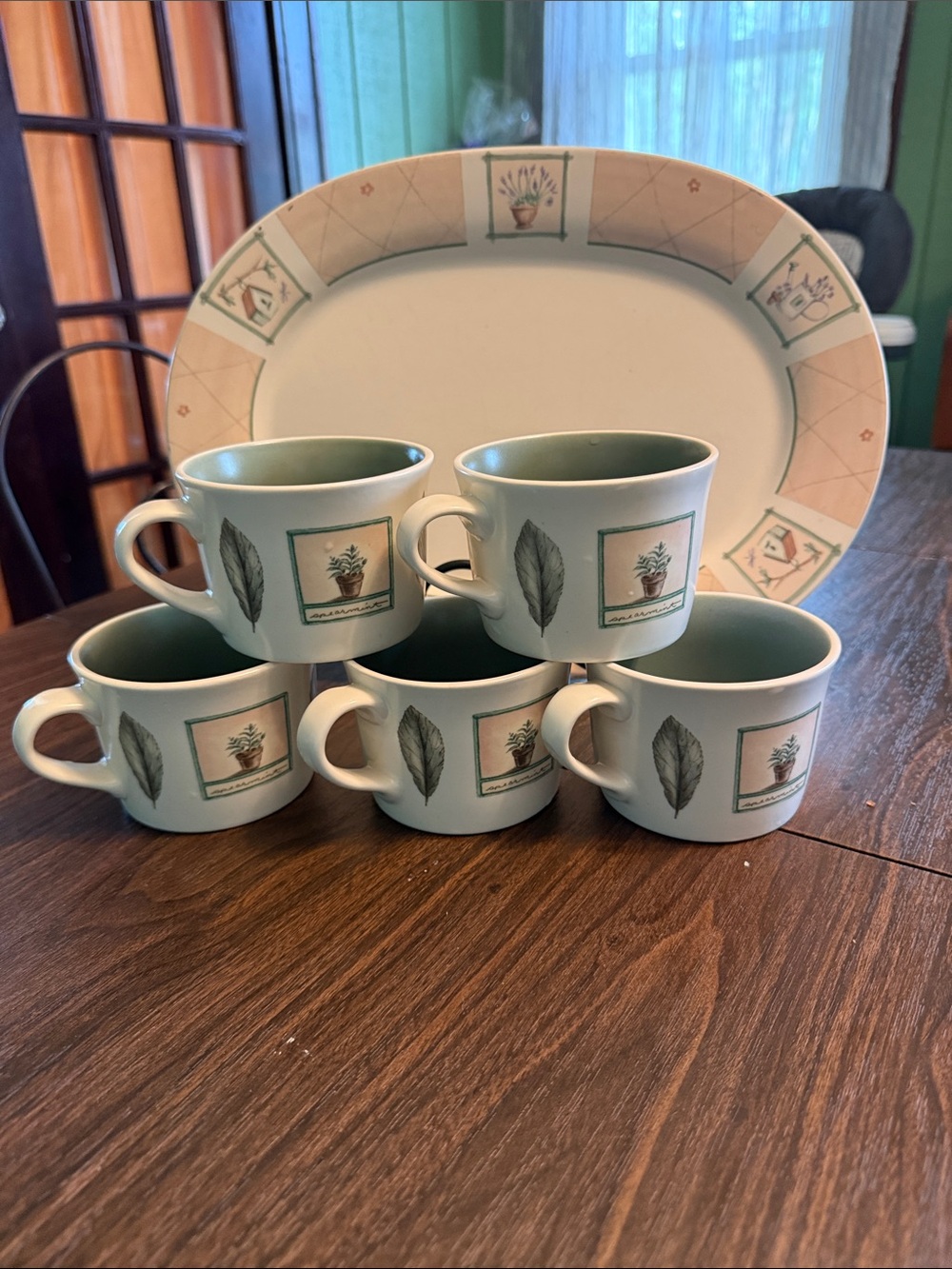 Vintage Pfaltzgraff - Naturewood stoneware tea cups and Oval Platter